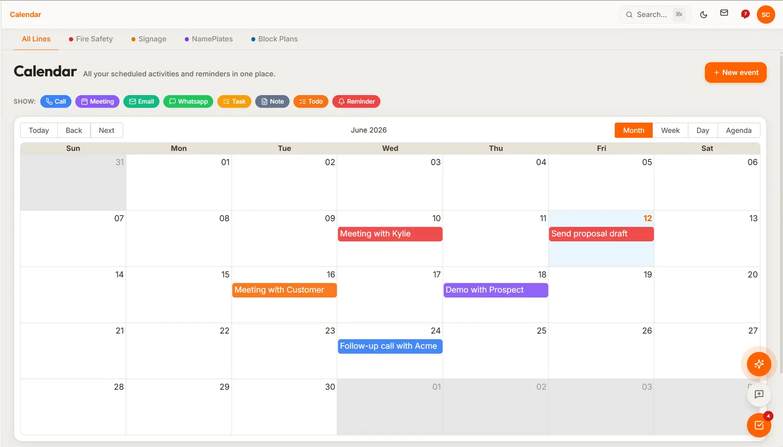 Activity calendar across product lines