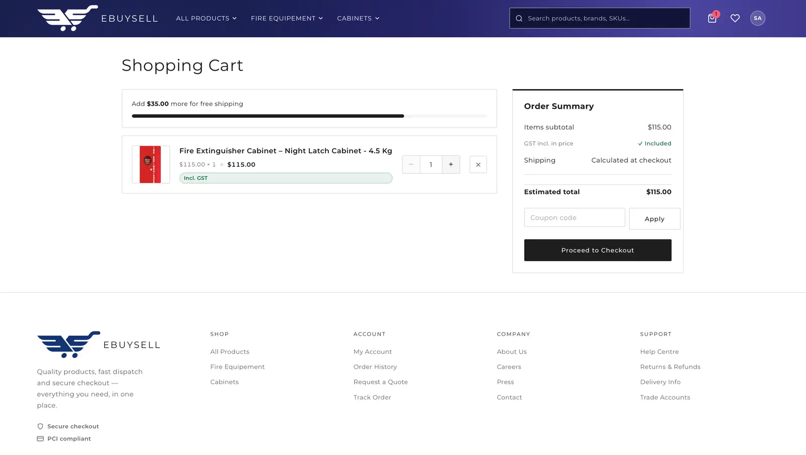 Cart with GST and free-shipping progress